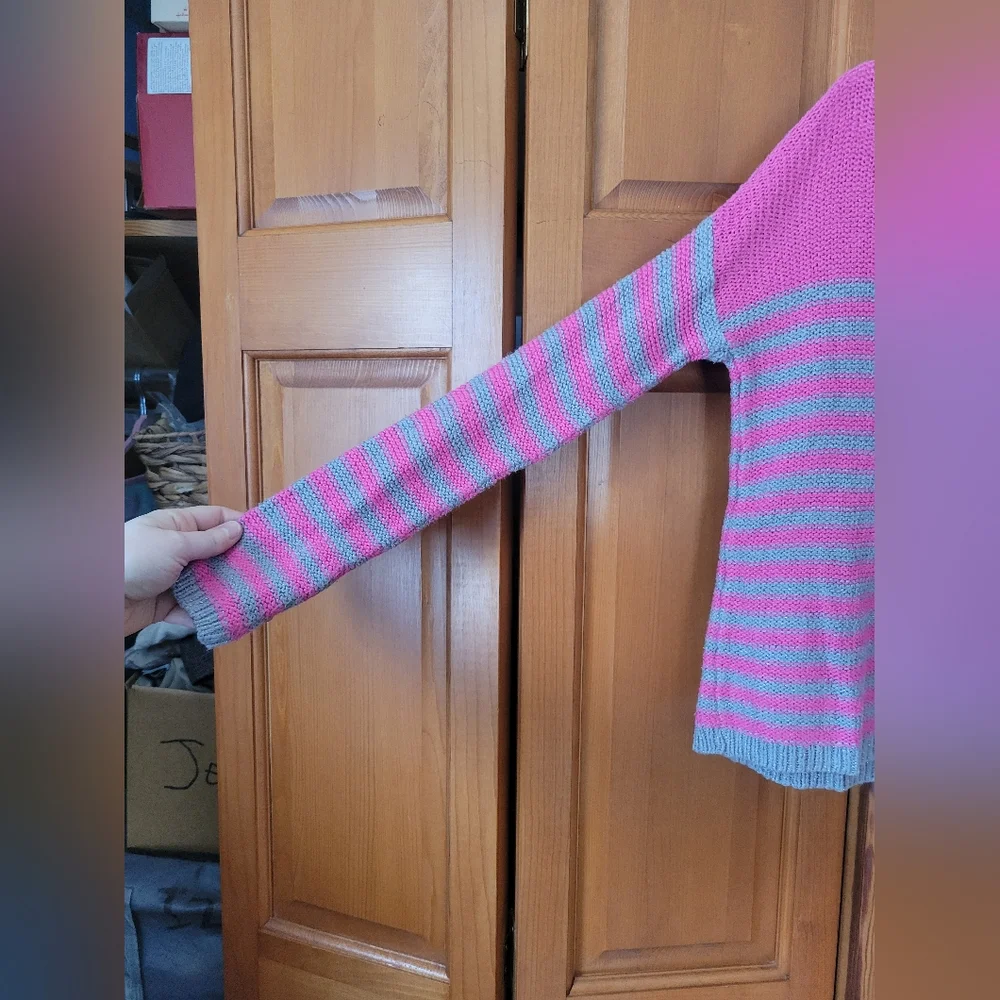 Girls Justice Knit Pink and Gray Striped Metallic Shimmer Sweater 10